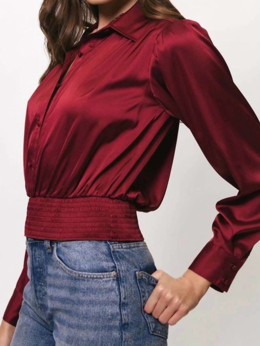 NWT Hutch by Anthropologie Jama Smocked Blouse In Cabernet Size XL